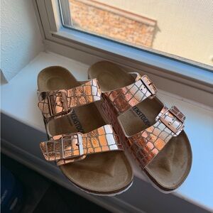 Birkenstock Arizona Copper Croc-Pattern Sandals Rare